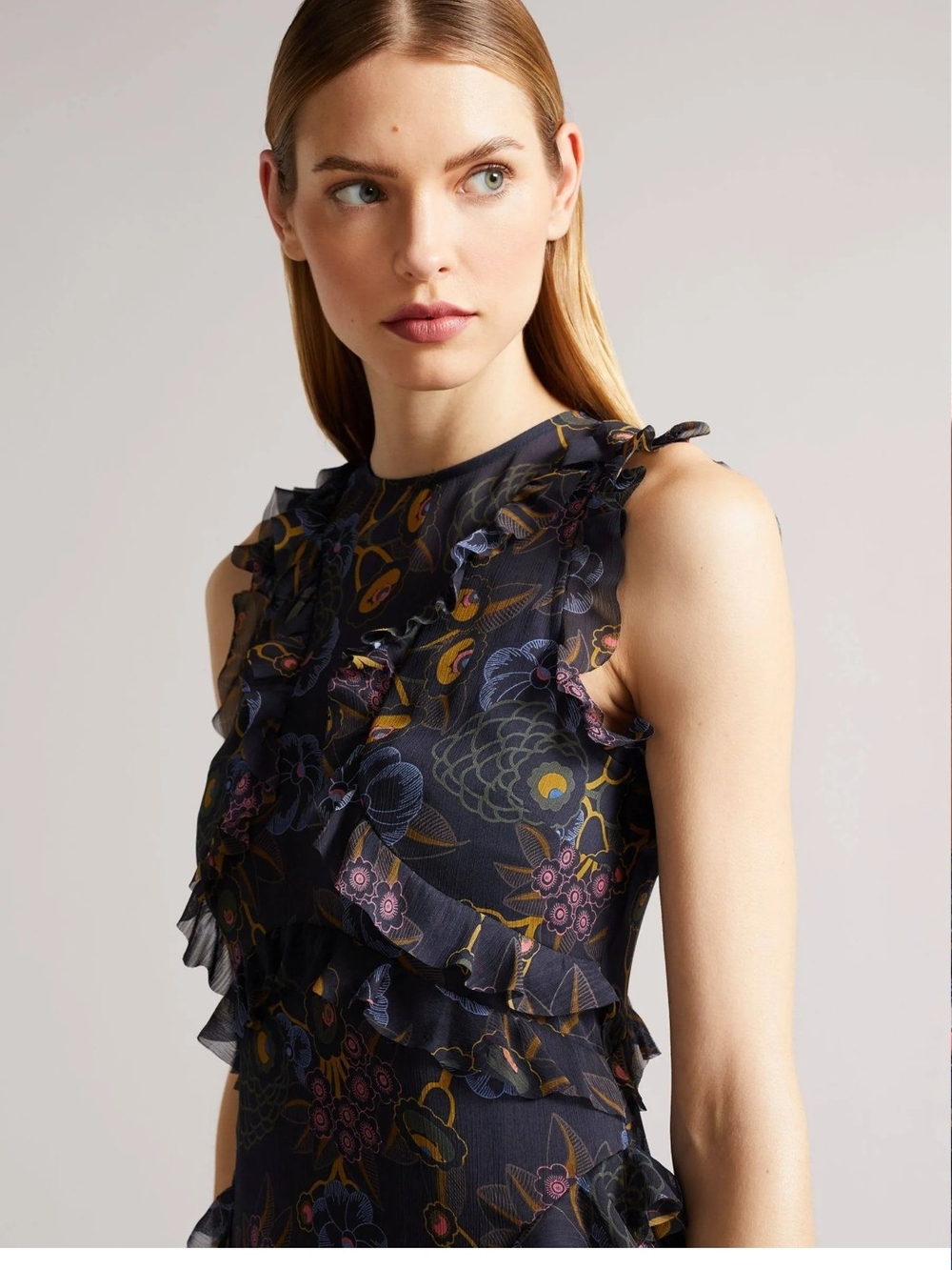 Ted Baker Karolia Floral Ruffle Midi Dress with Purple Accents - Picture 4 of 12